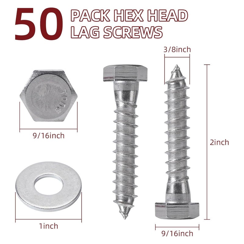 AiVeUao 50 Pack 304 Stainless Steel Wood Lag Screw, 3/8" x 2" Hex Head Lag Bolts, Heavy Duty Hex Head Lag Screws, Wood Screws 18-8 - Image 2